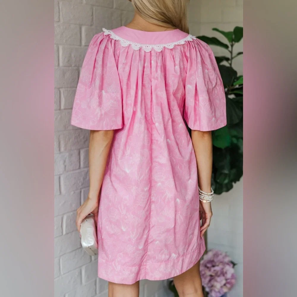 Mint Julep Boutique Pink White Ditzy Lacy Floral Cotton Dress Pockets Large NWT
